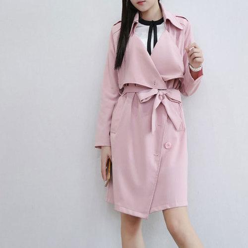 2015秋裝新款韓版女裝中長款皮粉色休閑大碼寬松 女士風(fēng)衣外套_服飾鞋